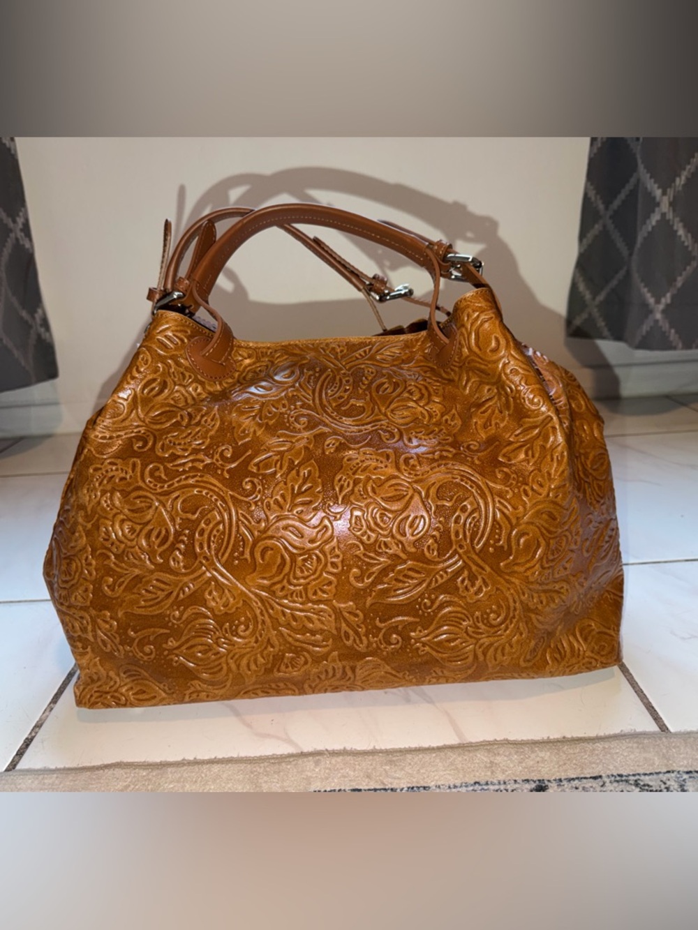 ISADORA Italian Embossed Leather Satchel Bag - Caramel